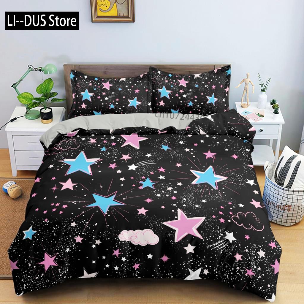 Juego de Funda Nórdica de Estrellas Coloridas Microfibra Estrellas Amarillas Rosas Juego de Cama Suave Tamaño Individual King Queen Twin 2/3 piezas Funda de Edredón