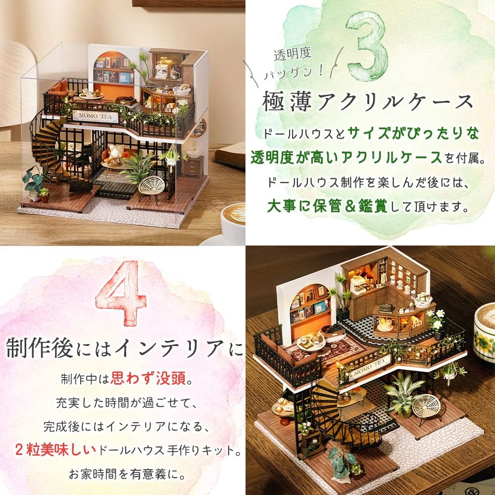 Moin Moin 1/24 Dollhouse Miniature Kit Tea House with LED Light and Acrylic Case