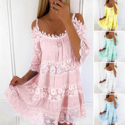 Scoop Neck Half Sleeves Loose Fit Summer Dress Embroidery Crochet Lace Cold Shoulder Mini Dress Female Clothing