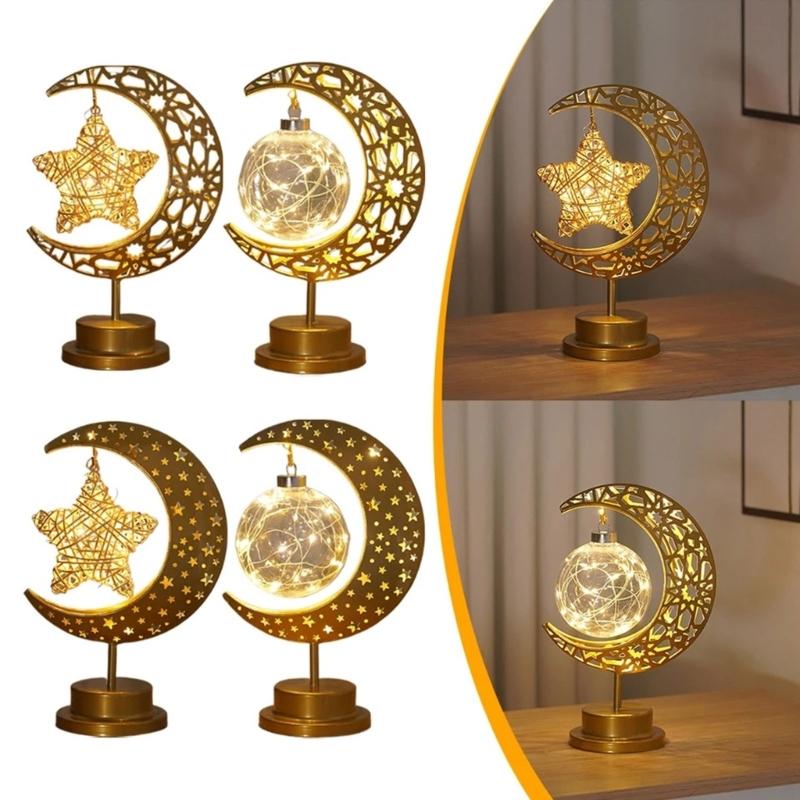 Eid Decors Moon Table Lamp Battery Operated Crescents Lamp Half Moon Light Metal Ramadans Star Lamp Home Decors