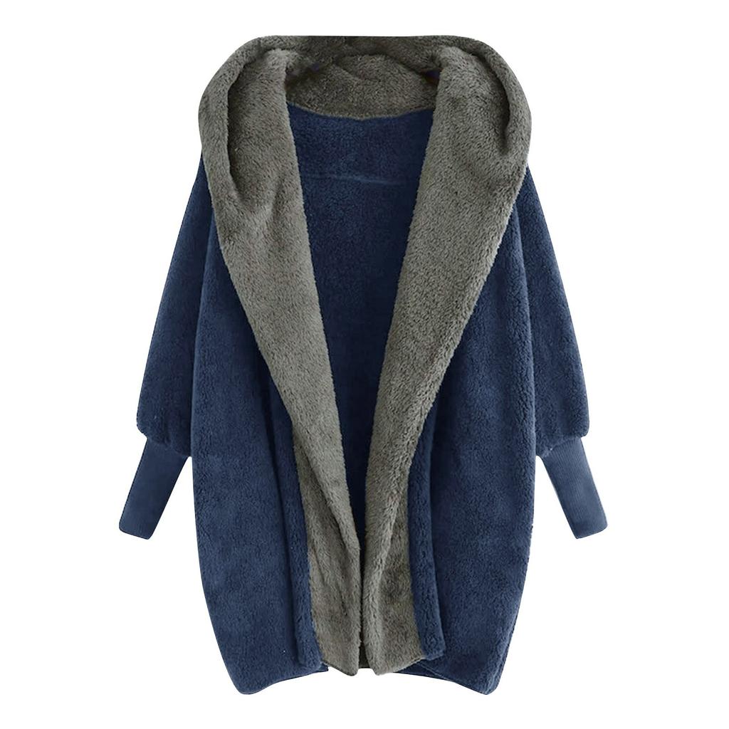 Damenmode, Farbblockierung, lockere Fleece-Strickjacke mit Kapuze