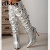 Fashion Eilyken Fashion Silver Women Knee High Boots Sexy Pointed Toe Thin Heels Ladies Long Side Zipper Female Shoes