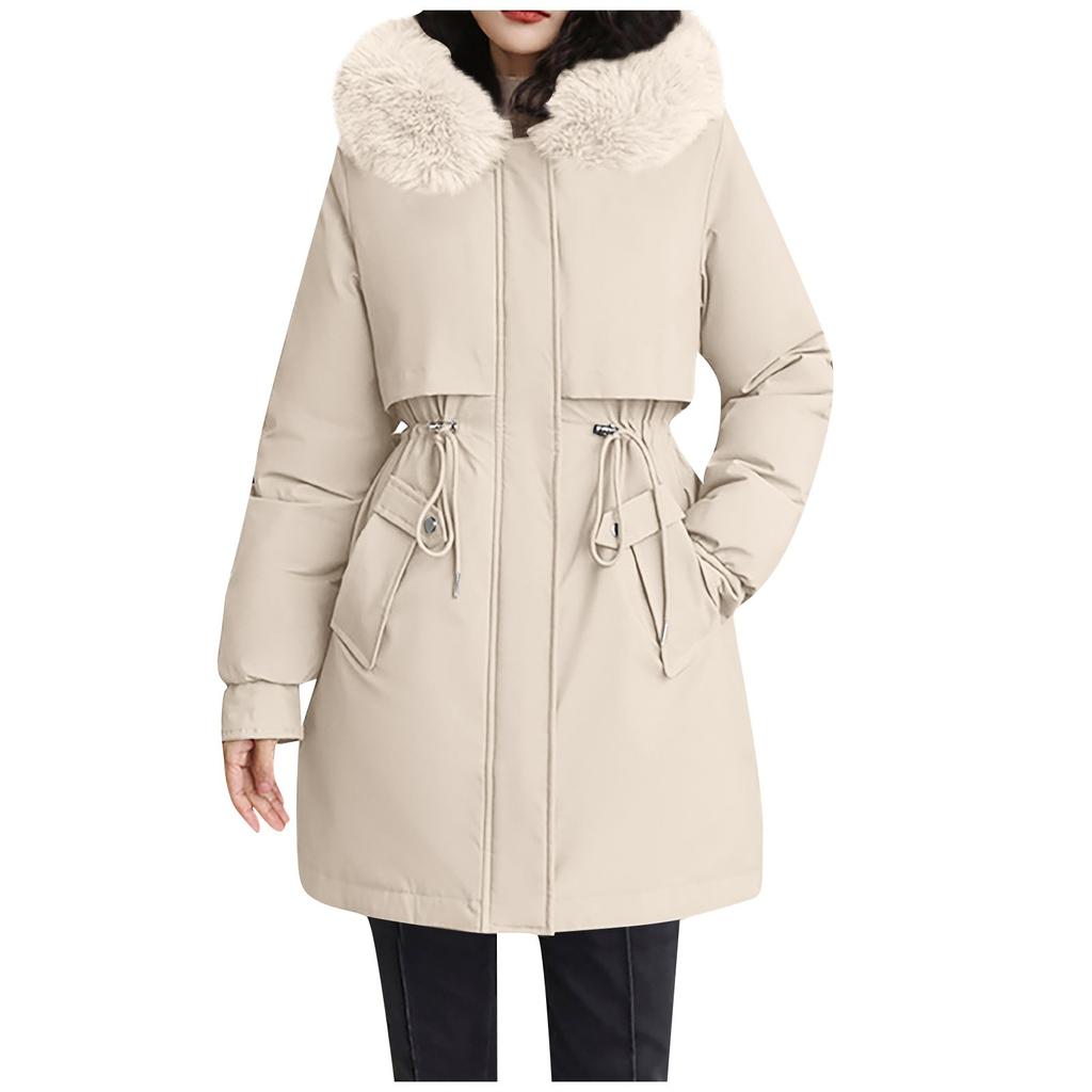 Damemote Uformell Ensfarget hette med plysj, middels lang langermet jakke med glidelåsknapp i bomull