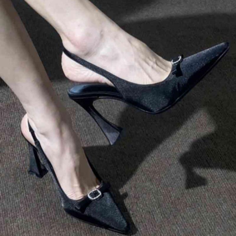 Fashion Butterfly Knot Head Sandals Summer New Pointy Head Shallow Mouth Sequin One-line Buckle Anti-slip Wear-resistant High Heels