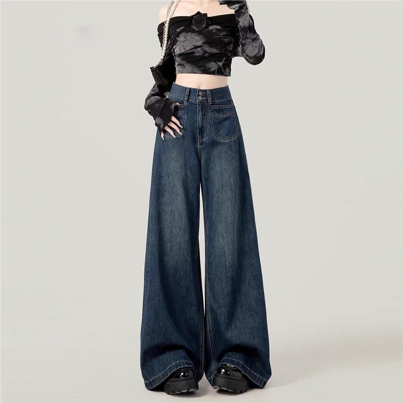 

2025 High-Waist Light Blue Wide-Leg Jeans with Double Button - Spring/Autumn Style XL
