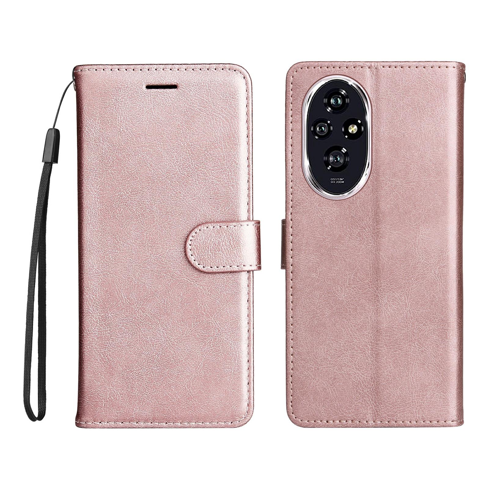 

For Honor 200 5G Case Solid Color Leather Mobile Cover Wallet Stand with Strap Rose Gold