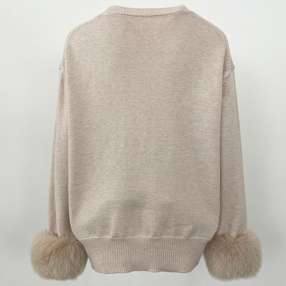 OFTBUY Winter Women Sweater Knitted Real Fox Fur Cuff Round Neck Loose Knit Mid-length Woolen Blends