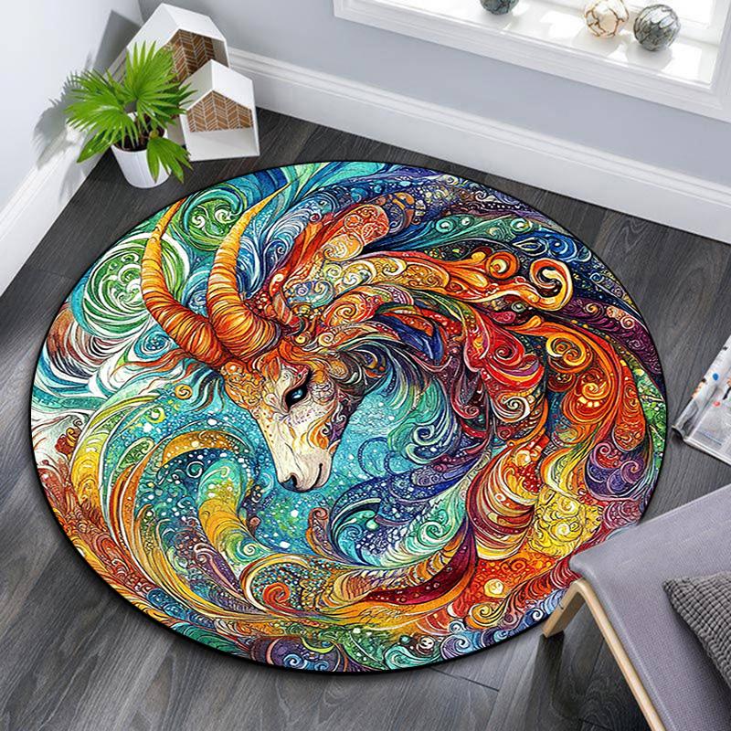 Abstract Goat and Lion Round Area Rug,Carpet Rug for Living Room Bedroom Sofa Playroom Decor,Non-slip Floor Mat