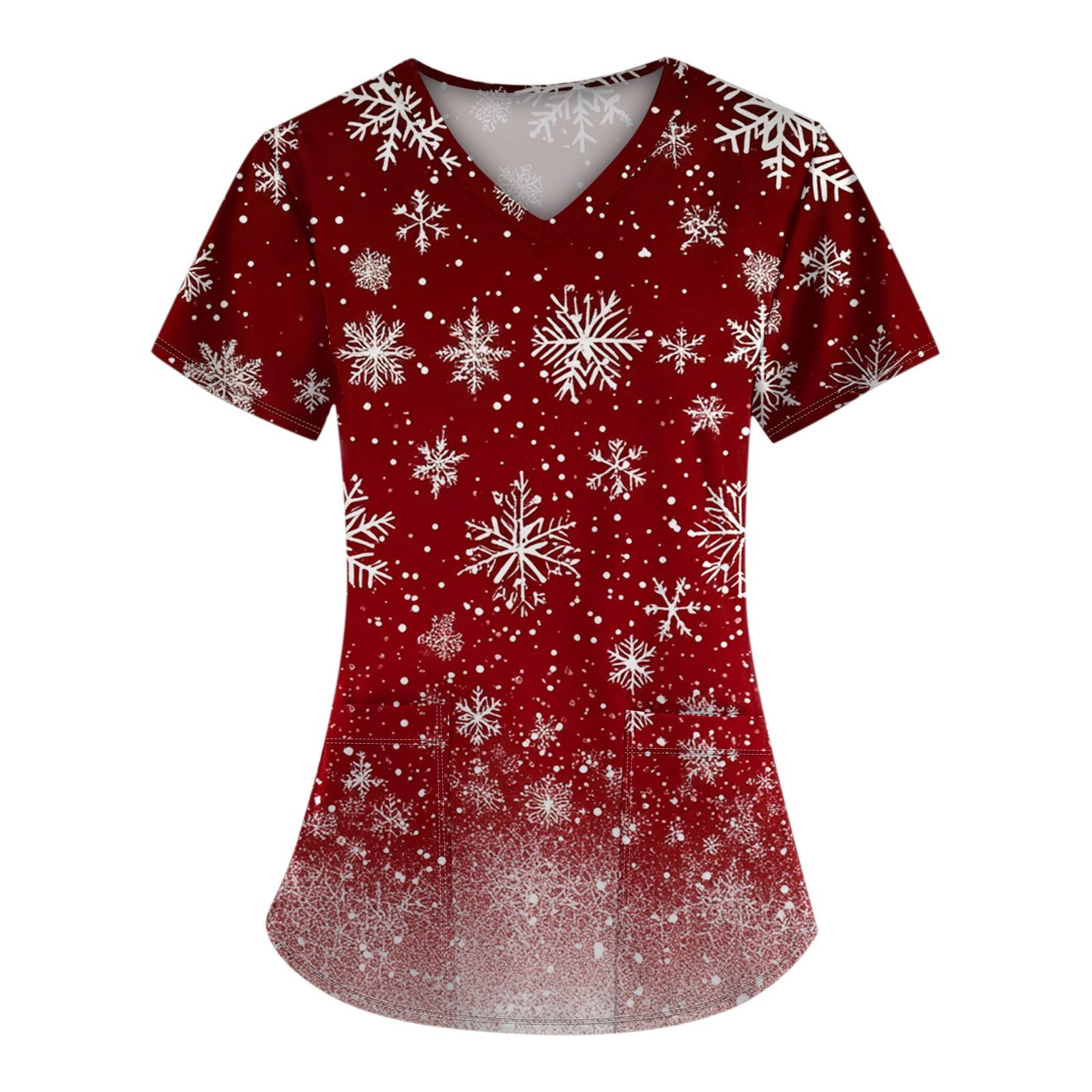 

Женский топ с короткими рукавами и рождественским принтом, V-образным вырезом и карманом XXL винный