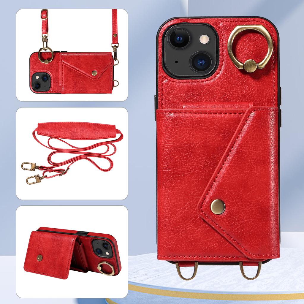 For iPhone 15 Series.for iPhone 15,15 Plus,15 Pro,15 Pro Max Shoulder Strap Rope Ring Bracket Design Card Holder Slots Lichee Pattern Cover Phone Case