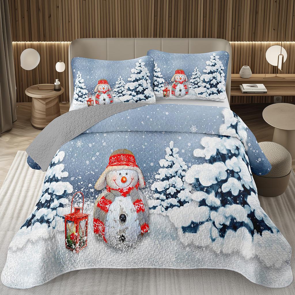 Copriletto Buon Natale, Set Copriletto Pupazzo di Neve Kawaii Queen/Full per Camera da Letto Bambini Ragazzi Ragazze, Set Piumino Tema Natale Cartone Animato