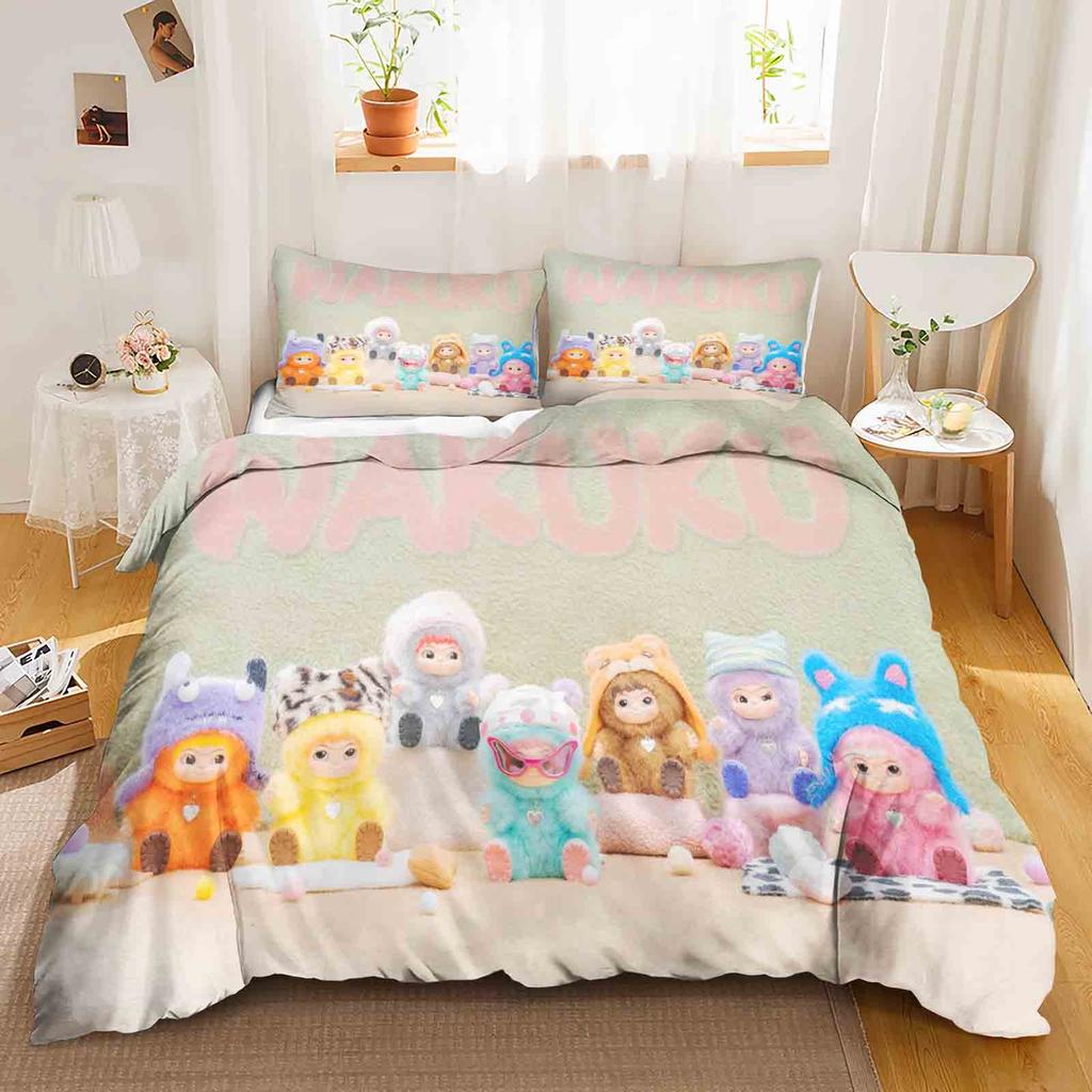 Wakuku 3D Children'S Couple Bed  Bedding Set Cute Printed Cartoon Quilt Cover  Polyester Duvet Set Twin King Size