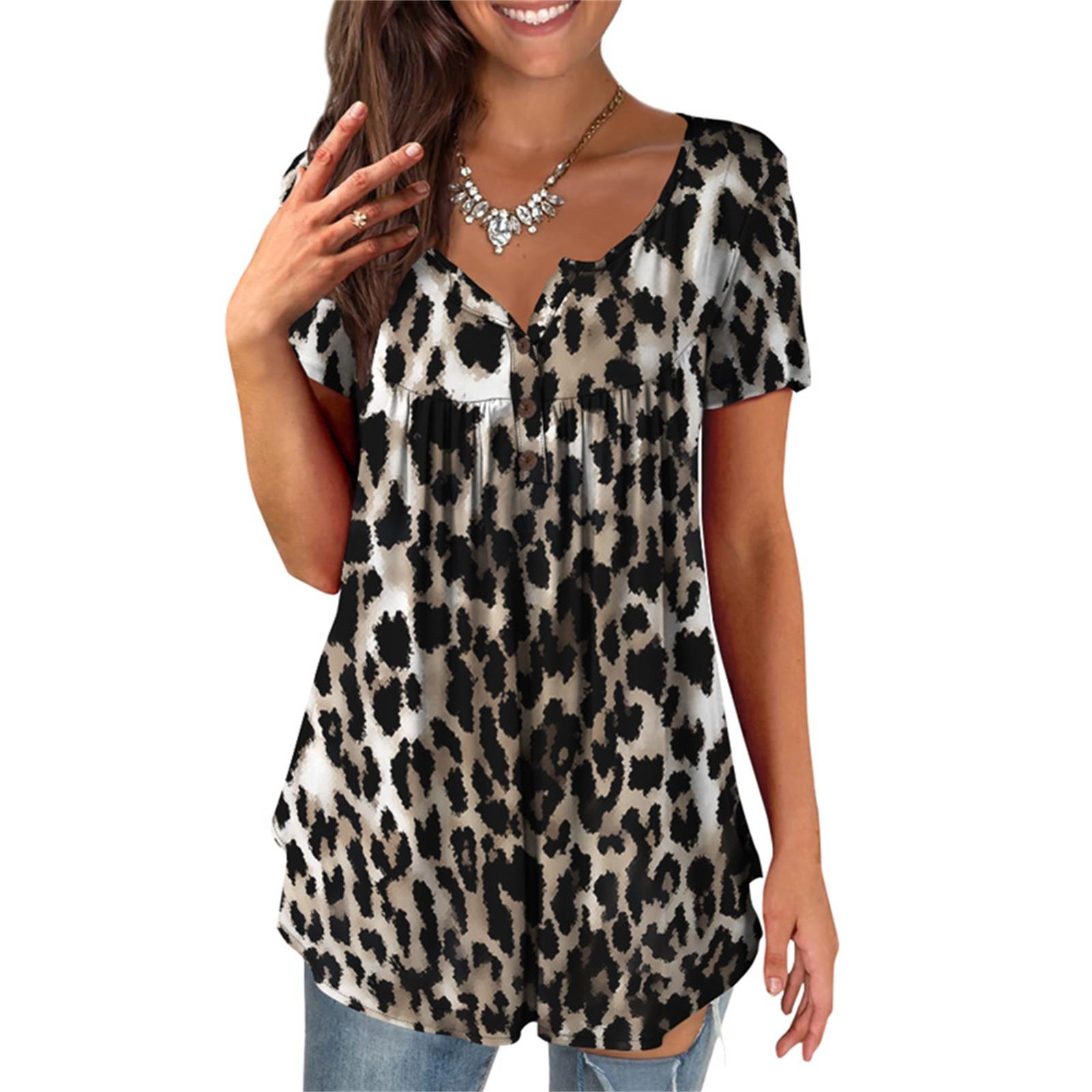 

Women s Short Sleeve Shirts Ruffle Tops Loose Tops Casual Oversized Tops Pleated Tops Button Down Casual Summer Leopard Print Tops XXXL