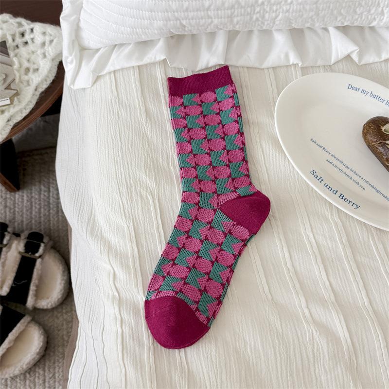 

Vintage Literary Artistic Style Geometric Thousand Bird Grid Socks Women S Medium Tube Socks Maillard Double Needle Double Path Niche Stacking Socks one size