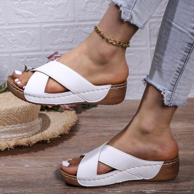 Women's Shoes Wedge Heel Platform Slippers Women's Round Head Casual One-pedal Solid Color Cross-heel Cool Slippers