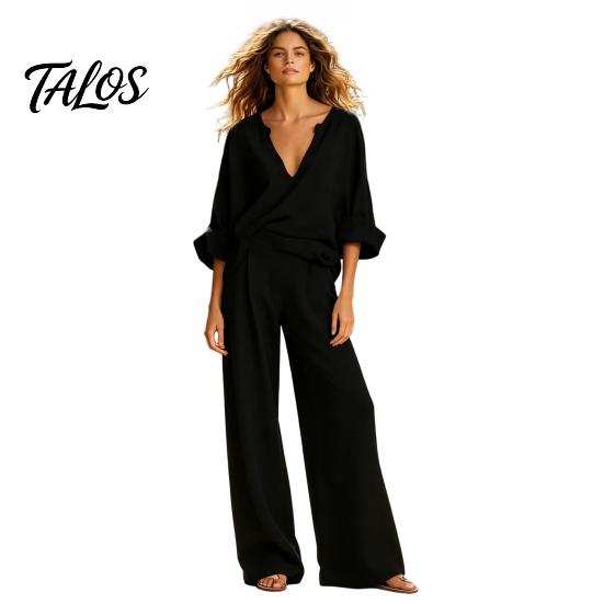 Talos Damen 2-teiliges Baumwoll-Leinen-Set, Langarm V-Ausschnitt Bluse und Weite Hosen passende Sommerurlaub Lounge Outfits