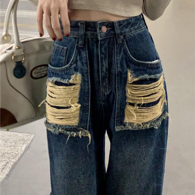 Irregular Ripped Jeans for Women Latest American Vintage Style High-Waist Slim Design Floor Trousers