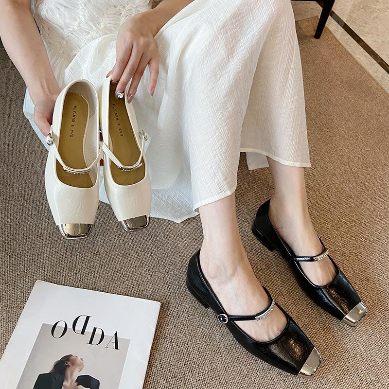 G3760-61 French 2025 spring and autumn new metal square head high heels temperament light mouth thick heel Mary Jane shoes women
