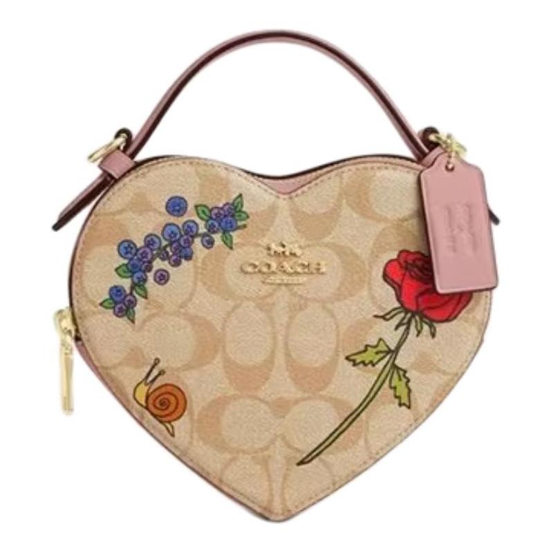 COACH Heart 16 Heart-shaped design zipper closure, cow leather and PVC leather, shoulder crossbody bag, mini, women's khaki