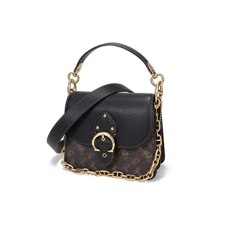 Coach Beat 18 Horse And Carriage Pattern Printed Chain Coated Canvas Leather Square Handbag Women Handbag Truffle-Black 4603-B4SI1