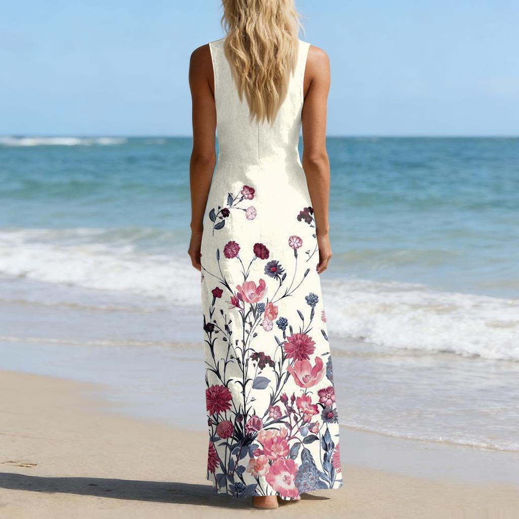 Women Sleeveless V Neck Button Front Maxi Dress Floral Print Linen Cotton Blend Casual Summer Dress with Pockets