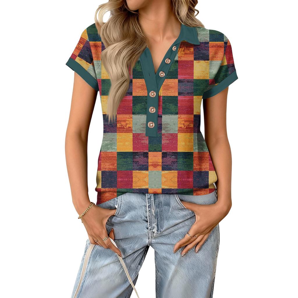Women's Fashionable and Casual Summer V,neck Patchwork Short,sleeved Plaid Print Top
