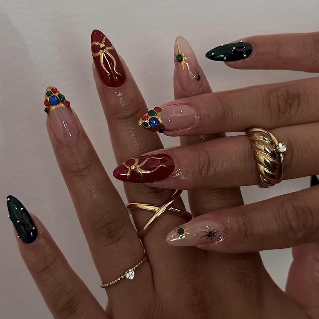 24PCS Golden Star Heart Almond False Nails with Glue Black Blush French with Diamonds Press On Fake Nails Wearable Ins Nail Tips