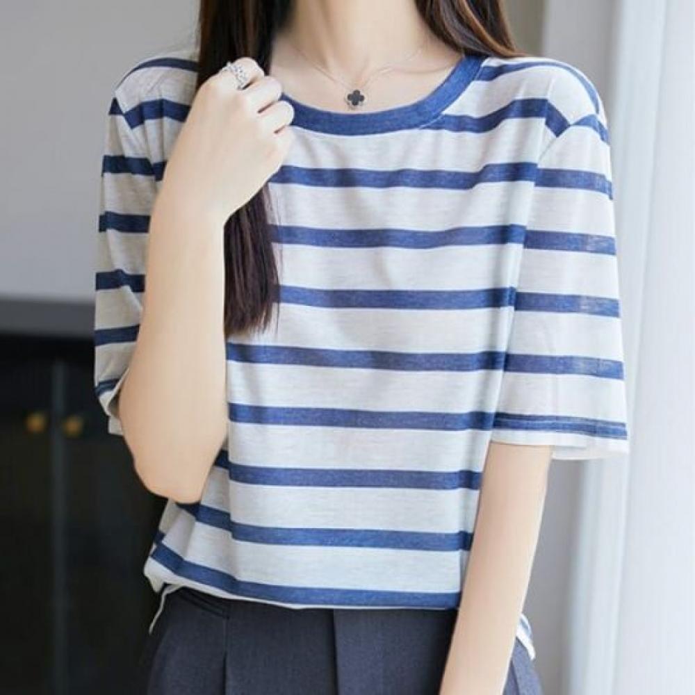 Navava Women Striped Round Neck Short Sleeve Knit Top Nk3059