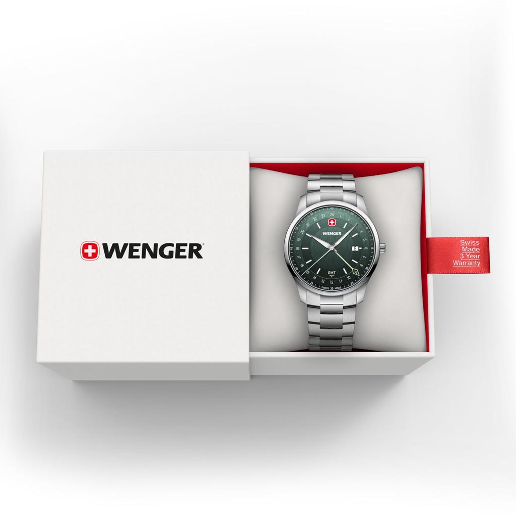 Wenger CITY GMT Men's Watch Stainless Steel Case Green Dial Stainless Steel Bracelet Quartz 50m Water Resistant 01.1442.107