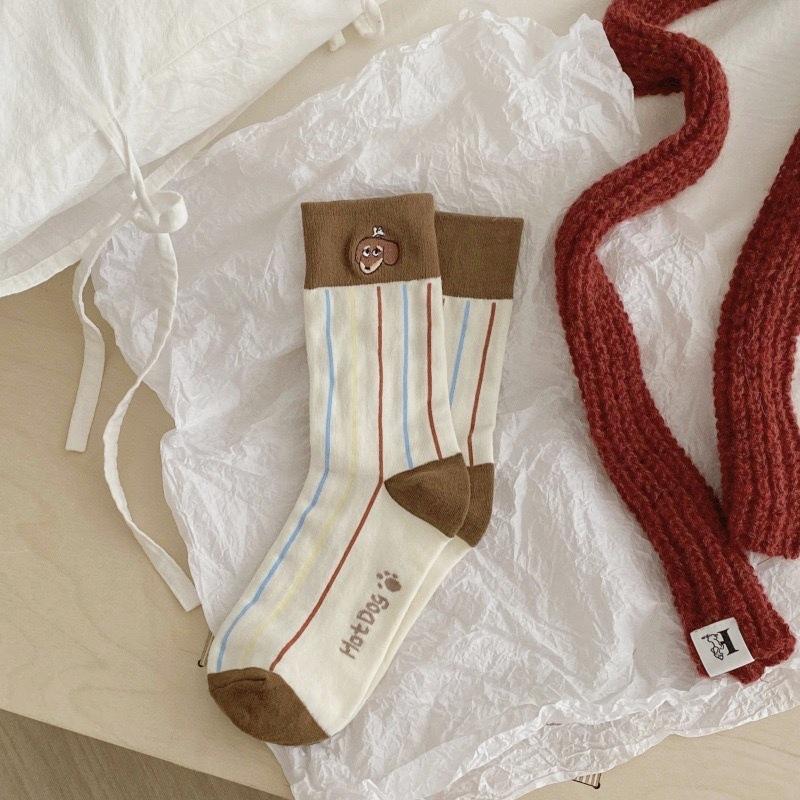 Puppy Embroidered Medium Tube Socks Flanged Cartoon Dachshund Dog Vertical Strip Stacking Socks Cute Niche Socks Women