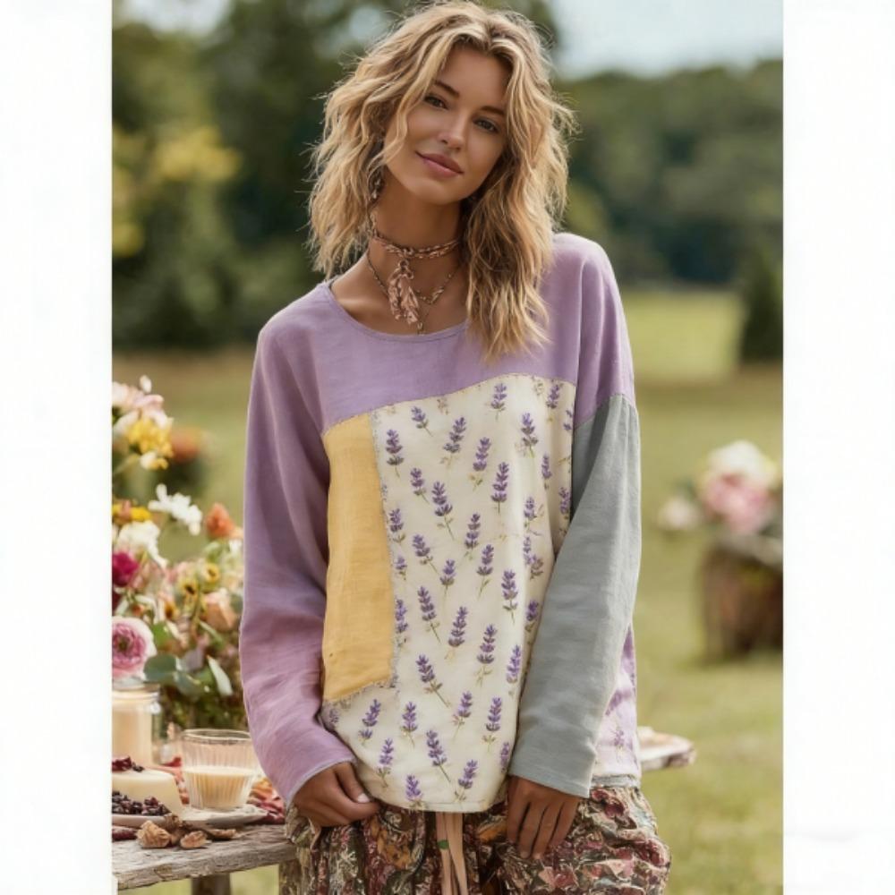 Europe America Fashion Splicing Colors Women's T-shirt Pullover Bohe Style Women Long Sleeve Clothing Outdoor Casual Tees Top