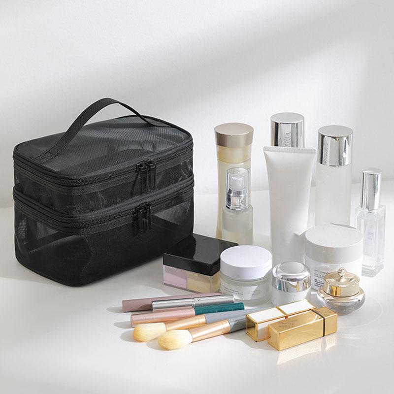 Double Layer Cosmetic Bag, Large Portable Mesh Travel Cosmetic Bag, with Double Zipper Makeup Brush Multifunctional Toiletry Bag