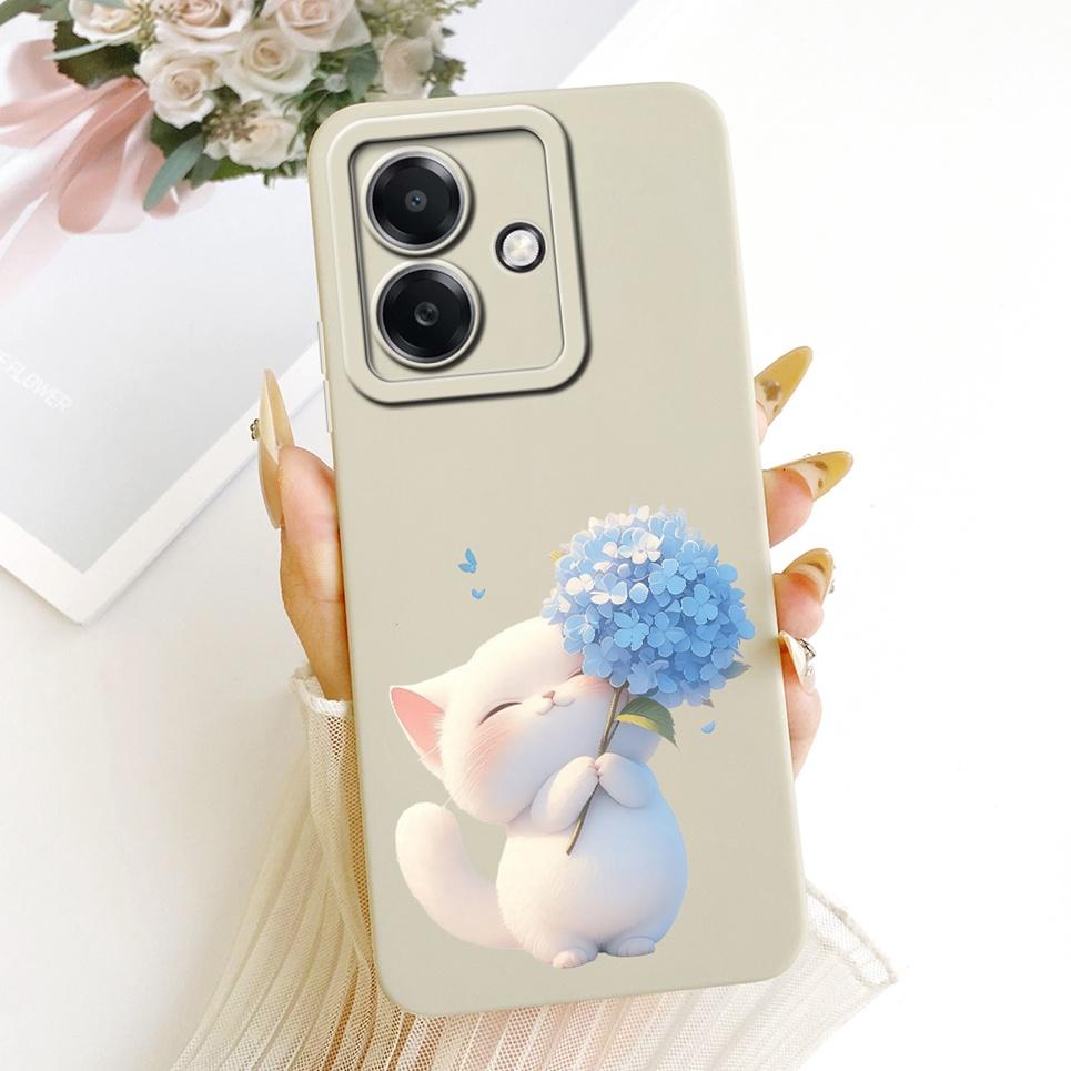 Cherry Daisy Cat Printed Phone Case For Oppo A3x CPH2641 CPH2681 / Oppo A3 4G 5G Back Cover Matte Liquid Silicone Funda Casing
