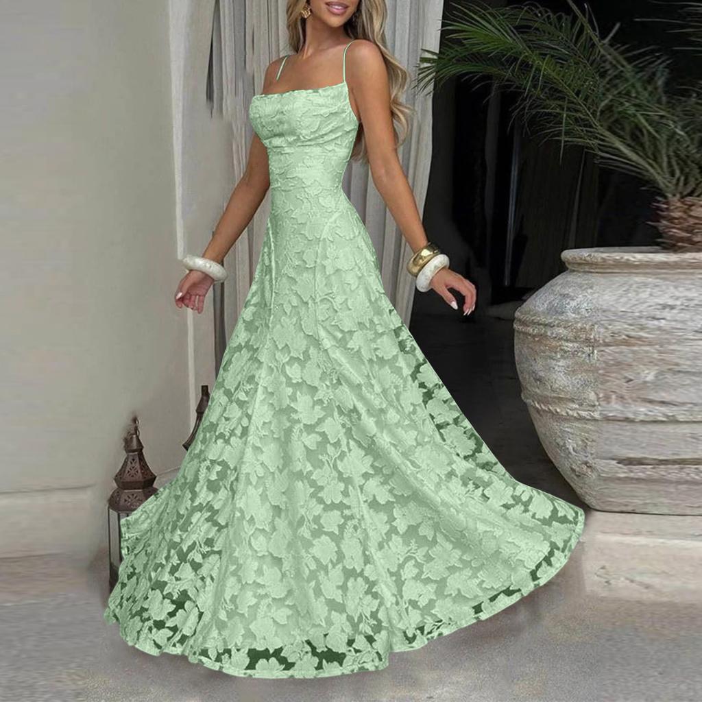 Women’s Casual Lace Patchwork Maxi Dress Sleeveless Spaghetti Strap Long Dress Elegant Evening Party Gown for Summer