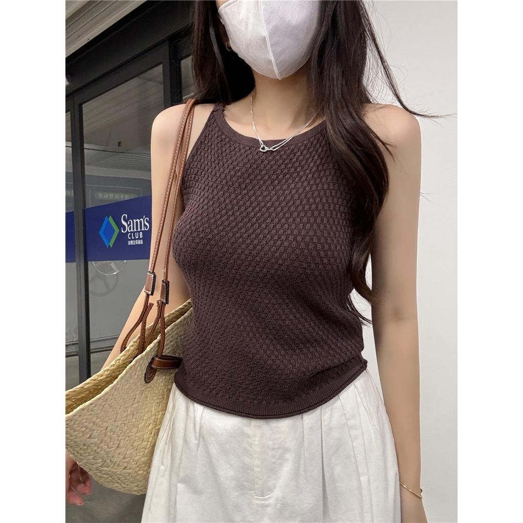 Real Shot, Summer New French Hollow Knitted Sling Vest Women's Backless Slim-fitting Age-reducing Sleeveless Top