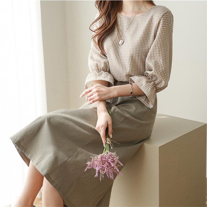 Lotus Leaf Sleeve Thousand Bird Grid Round Neck Casual Top Women's Summer Korean Version Small Fresh Loose Mid Sleeve Tailcoat Shirt