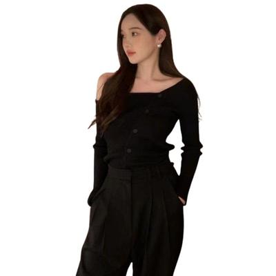 Gestrickter Langer Niedlicher und Stilvoller EMY-li Damenpullover, Ärmel, Schulterfrei, (Schwarz)