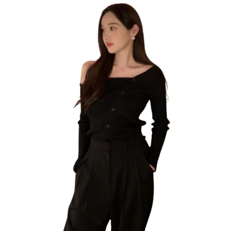 

Вязаный Длинный Милый и Стильный Женский Свитер EMY-li, Рукав, С открытыми плечами, (черный)