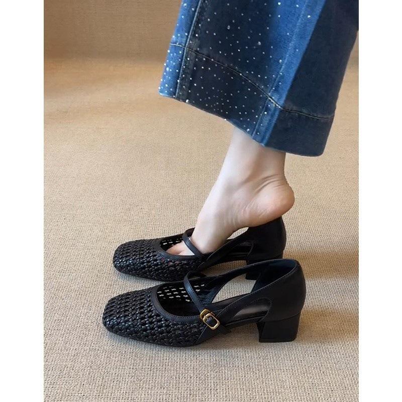 Retro hollow knitting word with Mary Jane shoes women's single shoes temperament thick heel bag head sandals