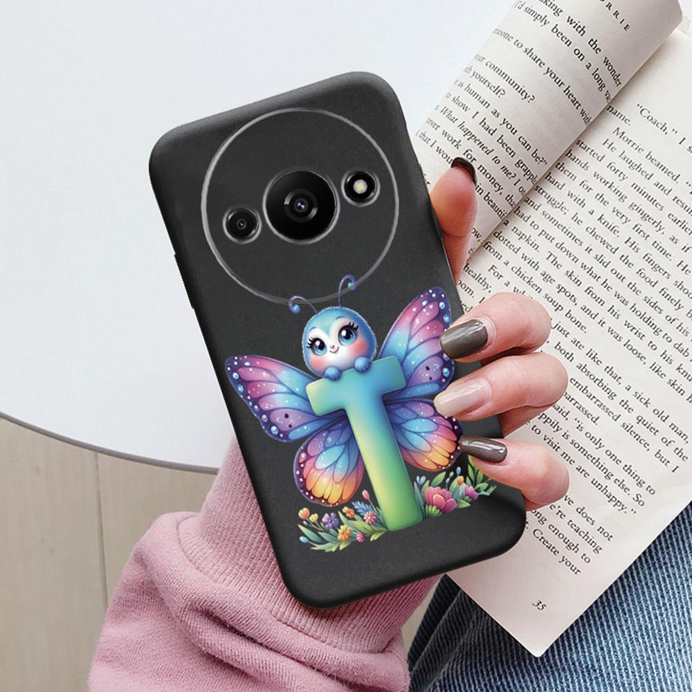 Handyhülle für Xiaomi Redmi A3 4G A3x Rosa Buchstabe Blume Schmetterling Stoßfest Weiches Silikon Cover Kameraschutz TPU Fundas