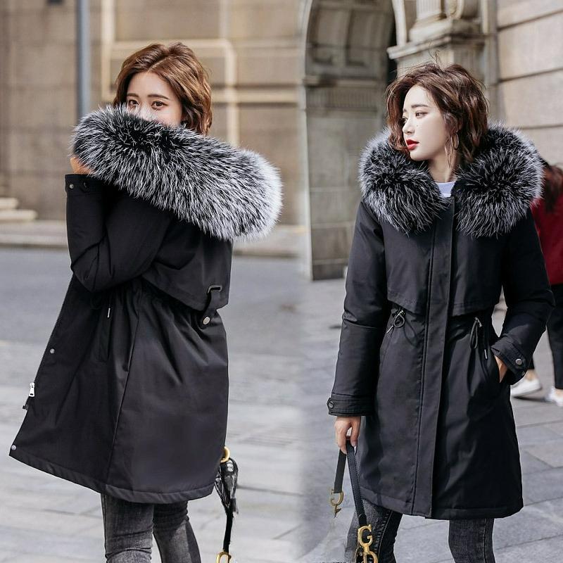 

Куртка-парка большого размера женская с большим меховым воротником, хлопковое пальто с бархатной подкладкой на талии, теплое хлопковое пальто, женская модная S чёрный
