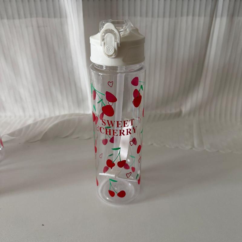 750Ml White Water Bottle Full Printed Cartoon Strawberry Bow Flower Fade Resistant Leakproof Reusable Stylish Cup For Sports