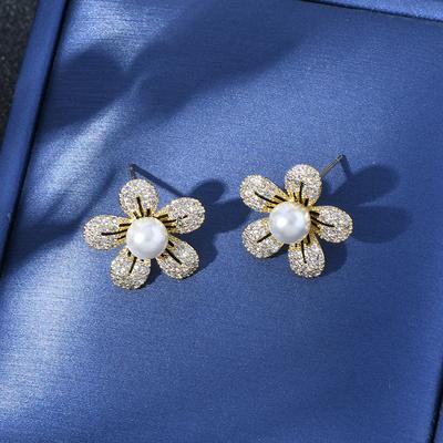 Korean Style Sweet Statement Flower Pearl Earrings for Women Micro Pave Cubic Zirconia Stud Earrings Designer Fashion Jewelry