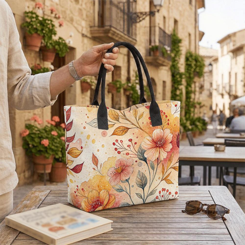 Watercolor Floral Print Canvas Tote Bag Fashion Casual Large Capacity Women Shoulder Handbag