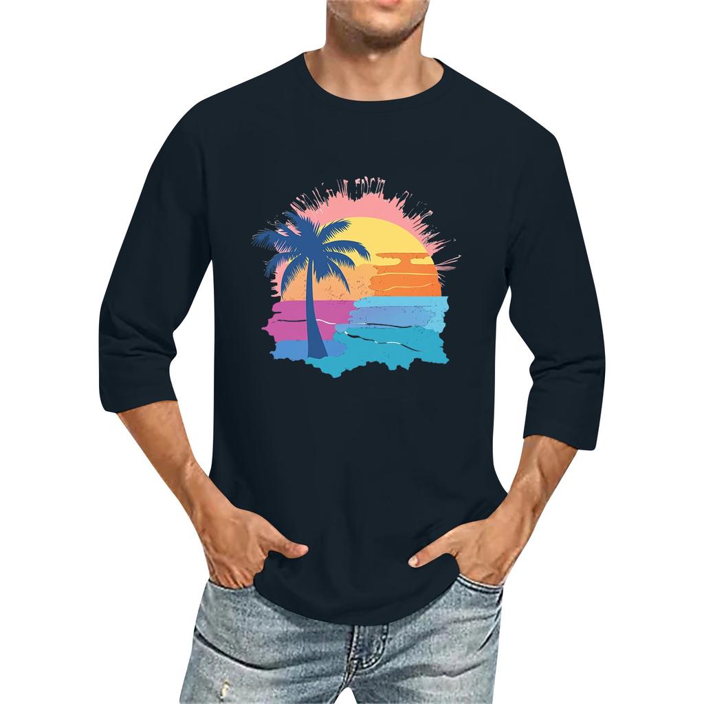 Jednobarevné pánské tričko s kulatým výstřihem a tříčtvrtečním rukávem