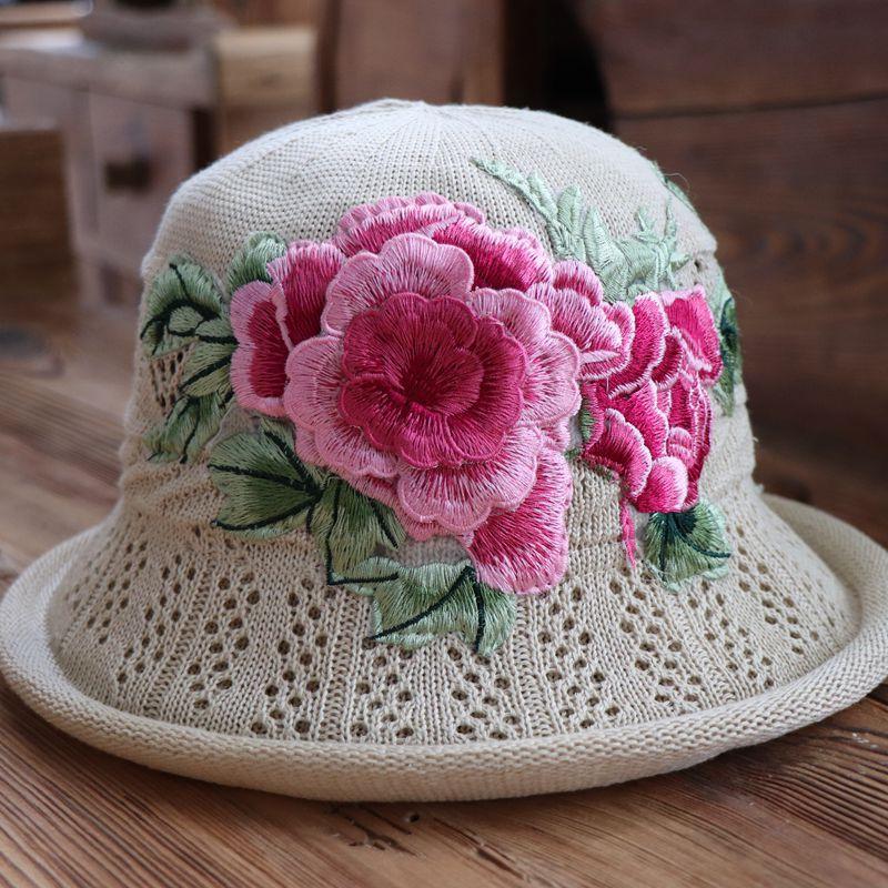 Vår og sommer etnisk vind broderi blomst sammenleggbar hatt dame strikkelue sandbøttehatt