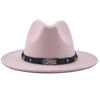 Wide Brim Wool Felt Fedora Panama Hat with Belt Buckle Jazz Trilby Cap for Men Women Pink Black 56-60CM
