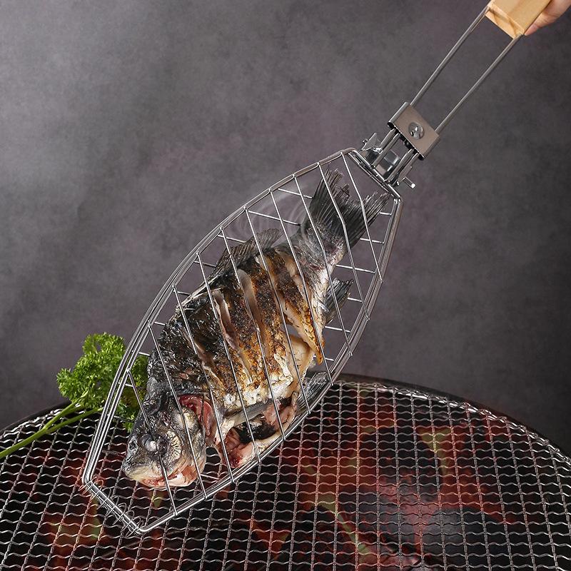 Barbecue Mesh Fish Meat Grill Wooden Handle Stainless Steel Grill Fish Basket BBQ Net Folding Portable Grilled Fish Clip