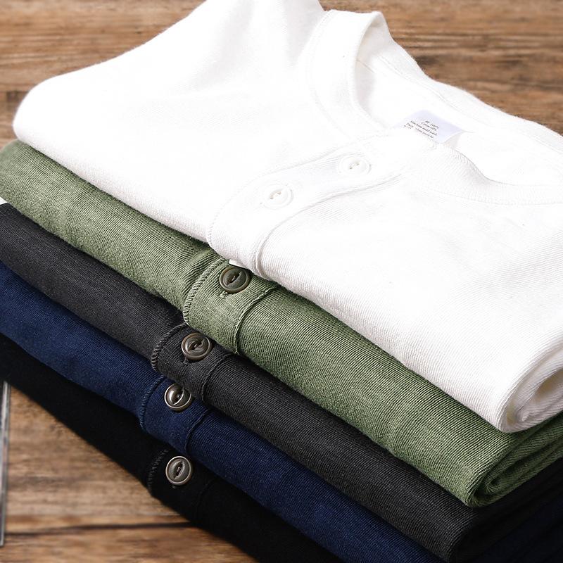 Heavyweight Slub Cotton Men‘s T-Shirt Henley Neck American Vintage Loose Soft Undershirt Summer