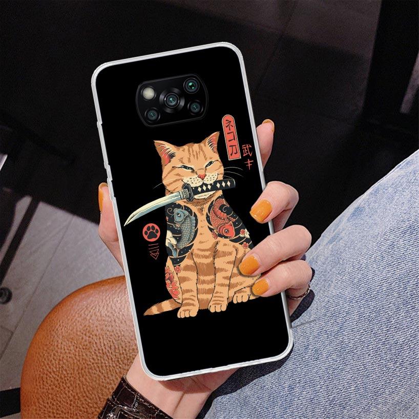Ramen Sushi Samurai Tattoo Cat Phnoe Case for Xiaomi Poco X5 X6 X7 Pro X4 Gt F7 Ultra M8 M7 Redmi 15C 15 13C 13 12C 12 Unique Co